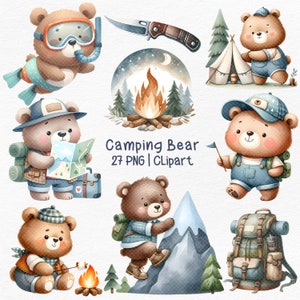 oso camping acuarela, camping oso camping animales, imágenes prediseñadas de oso de verano, camping verano png, oso de montaña, oso de peluche, imágenes prediseñadas digitales