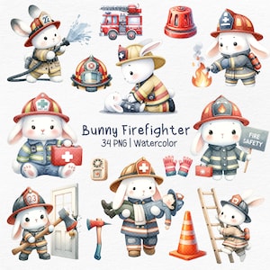 Bunny Feuerwehrmann Clipart, Feuerwehrmann Clipart, Heroic Bunny, Feuerwehrmann Papa, Fire Sicherheit, Kaninchen Kindergarten, Instant Download