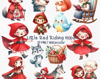 May include: A set of watercolour illustrations featuring Little Red Riding Hood, a wolf, a squirrel, a bird, a basket of apples, and a grandmother. The illustrations are in a cartoon style and are perfect for use in children's books, crafts, or other creative projects.