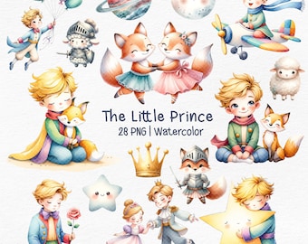 May include: Watercolor illustrations of The Little Prince characters, including the prince, a fox, a sheep, a star, a crown, and a planet. The illustrations are in a whimsical style and are perfect for adding a touch of magic to any project.