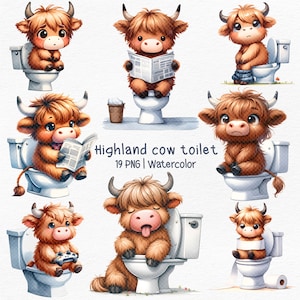 Highland Cows toilet clipart png, grappige dieren clipart, Highland Cow Wall Art, grappige badkamer print, dierlijke humor, sublimatie, kunst aan de muur toilet,