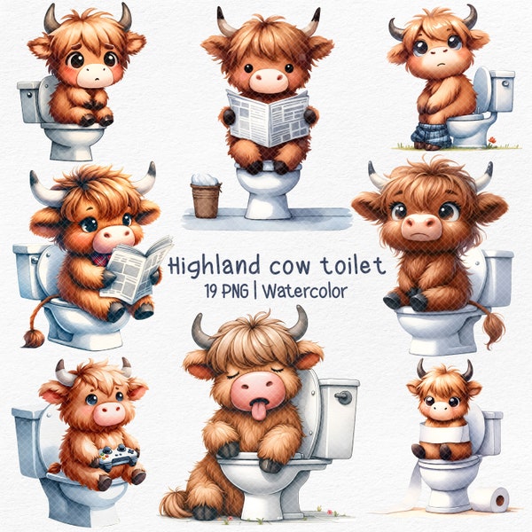 Highland Cows Toilet clipart png, Funny Animal Clipart,highland Cow Wall Art,Funny Bathroom Print, Animal Humor,Sublimation,toilet wall art,