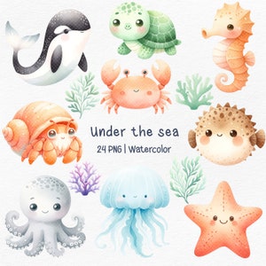 Onderzeese aquarel clipart, onder de zee png, png-bestand zeedieren, zeedieren aquarel, babyshower, kinderdagverblijf png, cadeau voor kind