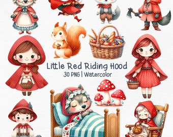 little red riding hood clipart,red riding hood  watercolor,once upon a time,wolf clipart,Woodland animals watercolor, for Card Making