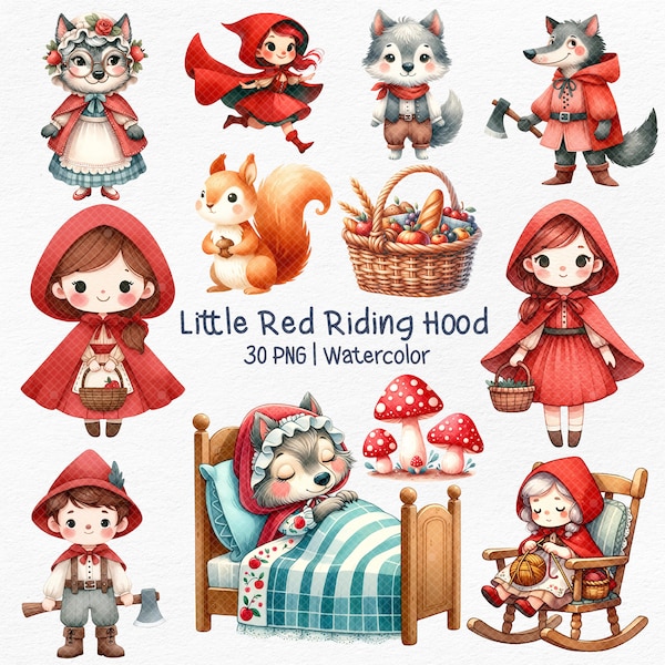 clipart di cappuccetto rosso, acquerello di cappuccetto rosso, c'era una volta, clipart di lupo, acquerello di animali del bosco, per realizzare cartoline