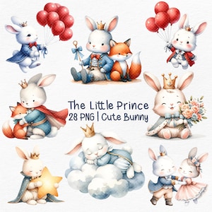 Little prince bunny clipart watercolor, little prince png, Cute Illustrations, Kids Party Themed Prince ,El principito, Prince theme