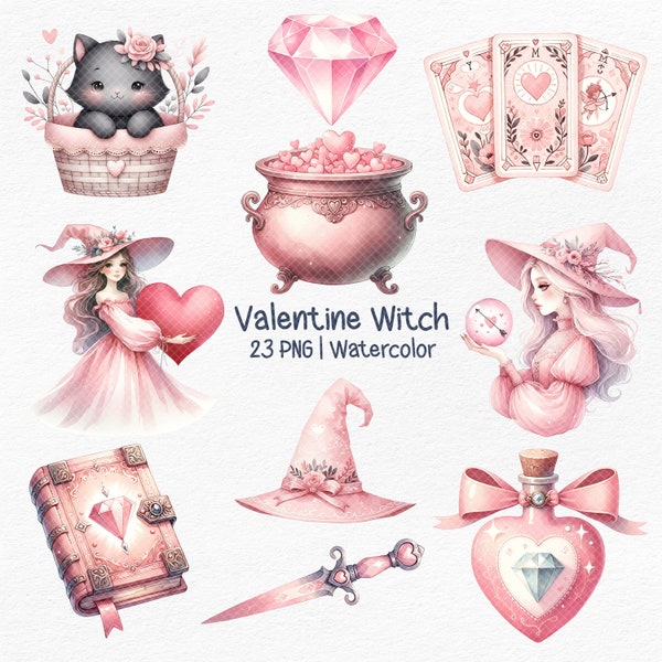 Valentine witch watercolor clipart,romantic valentine ,love witch ,witch valentines day,Valentine's Day PNG,love potion valentines day