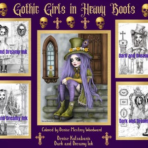 Puede incluir: Una impresión de arte digital que presenta varias ilustraciones enmarcadas de chicas góticas con botas pesadas. La obra de arte está en tonos morados, verdes y negros, con el texto "Gothic Girls in Heavy Boots" en la parte superior. El nombre del artista y "Dark and Dreamy Ink" también son visibles.