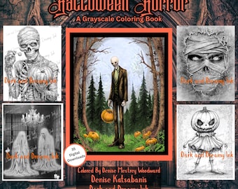 May include: A grayscale coloring book titled "Halloween Horror" with various spooky illustrations. The cover features a central image of a tall figure holding a pumpkin, surrounded by other Halloween-themed drawings. The book includes 35 digital downloads.