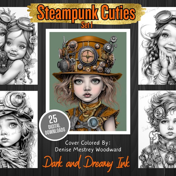 Steampunk Cuties, Steampunk Coloring Book, Printable PDF, Portraits Little Girls , Grayscale Illustrations To Color, Adult and Teen Books