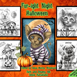 May include: A digital art collection with Halloween illustrations. The artwork includes a cat in striped pyjamas and a hat, a dog dressed as Pennywise, and a pug with a scarf. The text "Fur-ight Night Halloween" is displayed.