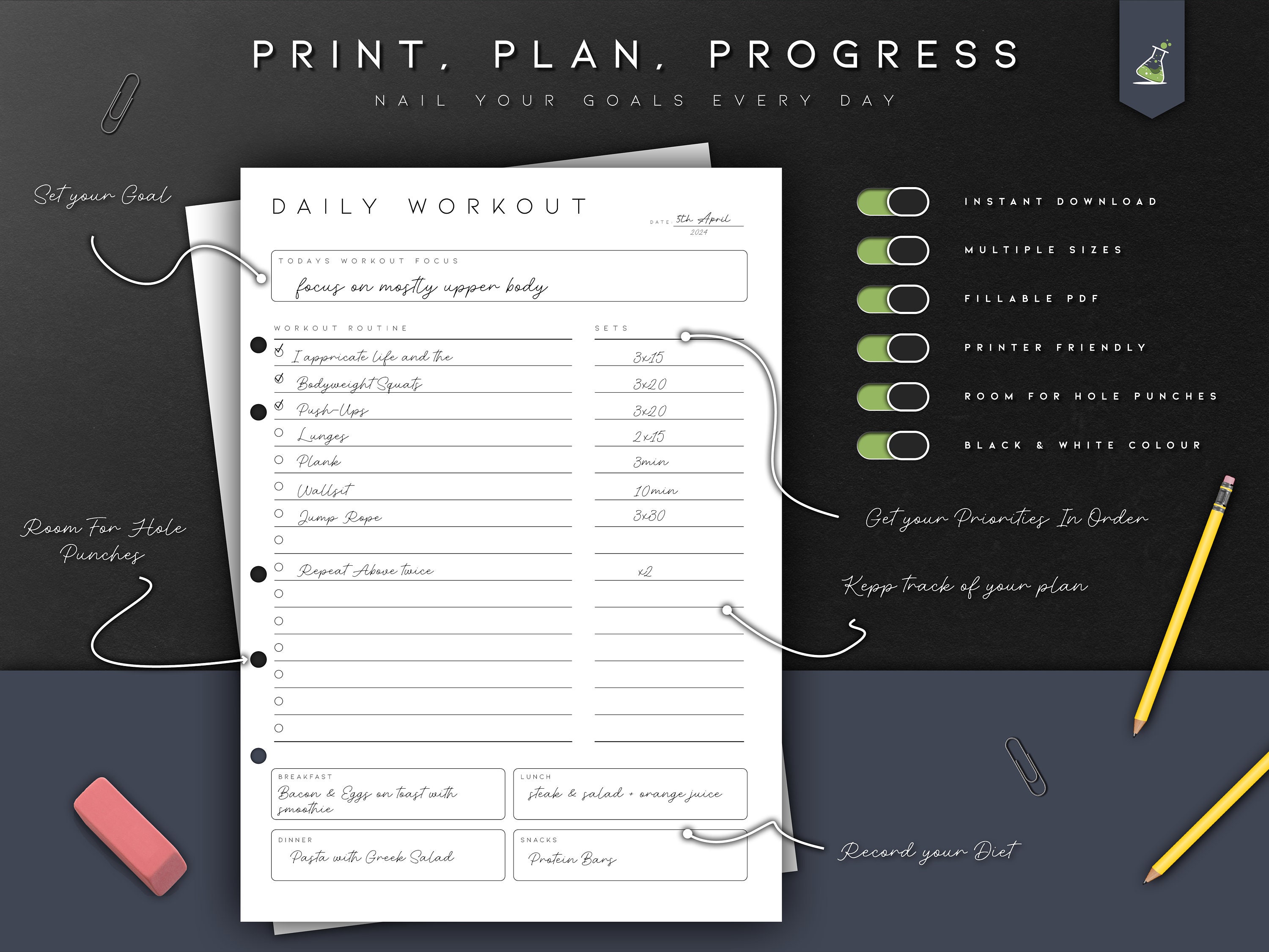 Daily Workout Planner Printable Fitness Journal Exercise - Etsy
