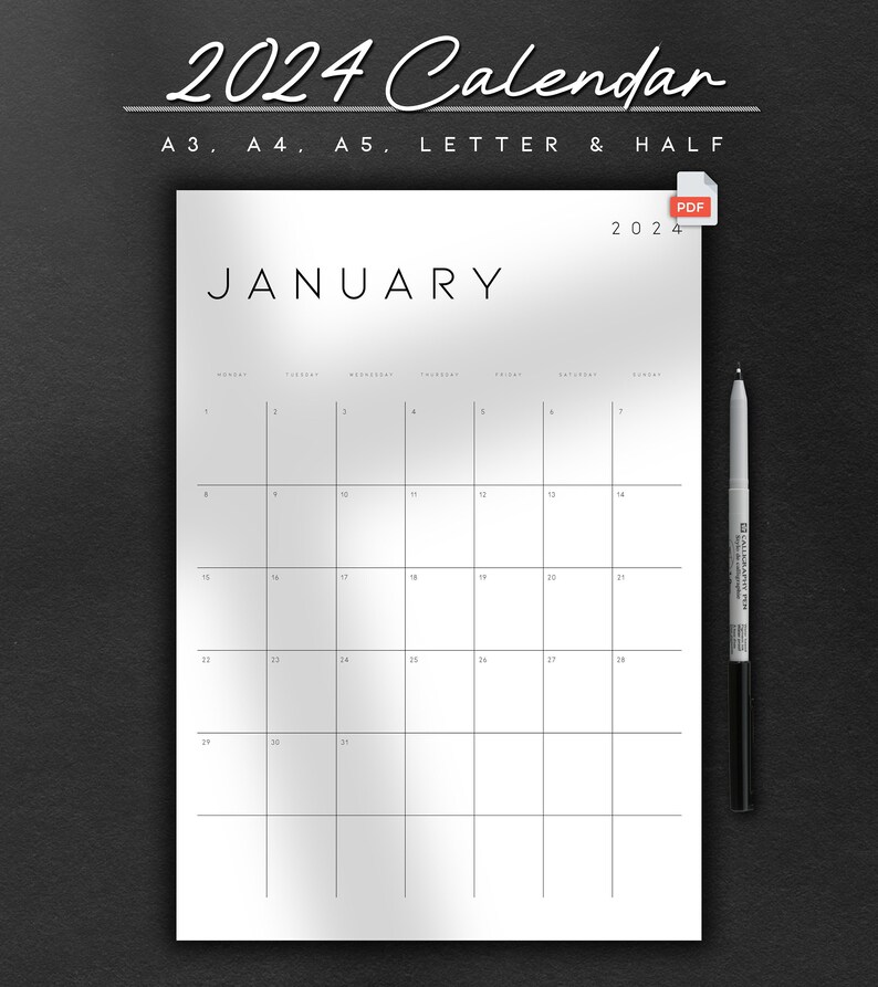2024 Calendar Portrait Printable, A3, A4, A5, Letter & Half, Wall Calendar, Monthly Planner