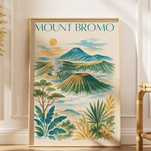 Impressão artística do Monte Bromo, Indonésia; Pôster de viagem ao Monte Bromo; Arte de parede da Indonésia; Impressão do Vulcão Bromo; Pôster de viagem a Java; Decoração de parede com tema de montanha.