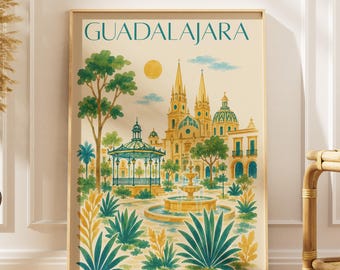 Póster de viaje de Guadalajara, México, impresión en acuarela, arte de pared de Jalisco, decoración de ciudad mexicana, imagen de regalo de viaje vintage de Latinoamérica