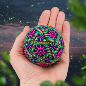 Temari ball Talisman "Firefly", Desk Aesthetics Decor, Music Shaker, Glowing in UV String Art Mandala Sphere, Japanese Art Decor