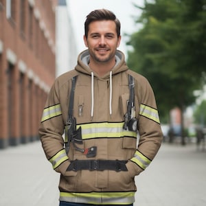 May include: A tan hoodie with a firefighter uniform design. The hoodie has a black belt, yellow and silver stripes, and equipment details. The person is standing outside on a pavement.