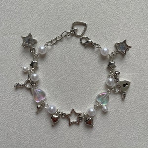 Y2K Trendy Chrome Star + Heart themed bracelet, friendship bracelet, gift idea, goth, grunge