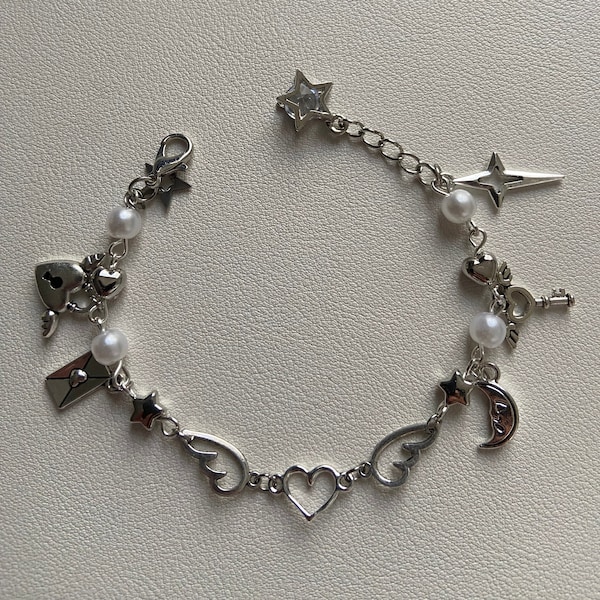 Edgy Chrome Winged Heart Beaded Charm Bracelet Y2K, Gift Ideas, Trendy Bracelets, Charm Bracelets, Cute,  Friendship Bracelets