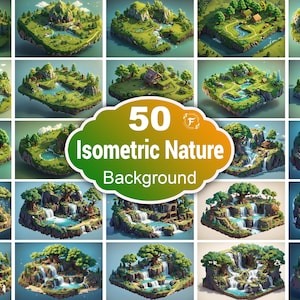 May include: 50 isometric nature backgrounds featuring various landscapes with waterfalls, rivers, trees, and houses. The backgrounds are perfect for game design, website design, or any other creative project.