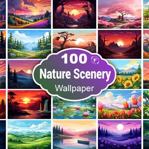 Op de afbeelding: Een collage van 100 natuurlandschap-achtergronden met een verscheidenheid aan landschappen, waaronder bergen, bossen, meren en zonsondergangen. De afbeeldingen zijn allemaal levendig en kleurrijk en zouden een geweldige aanvulling zijn op elk huis of kantoor.