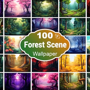 Papier peint paysage forestier, papier peint forêt fantastique, paysage forestier magique, paysage forestier mystérieux, art mural imprimable forêt de rêve