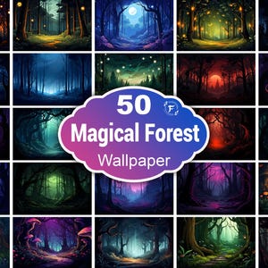 Carta da parati foresta magica, paesaggio forestale da favola, paesaggio forestale mistico, arte murale forestale da sogno, foresta stravagante, foresta fantasy