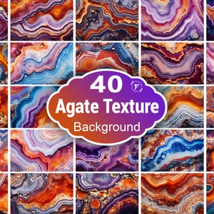 Puede incluir: Una colección de 40 fondos de textura de ágata. Las imágenes muestran patrones arremolinados en tonos de naranja, morado, azul y blanco. El texto "40 Agate Texture Background" se muestra en un gráfico en forma de nube.