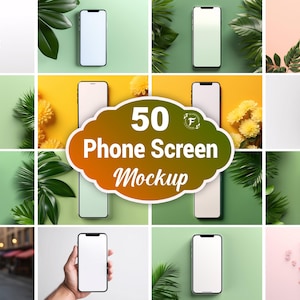 May include: 50 phone screen mockups with different backgrounds, including green, yellow, pink, and white. The mockups feature a smartphone with a blank screen.