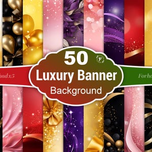 May include: A collection of 50 luxury banner backgrounds in various colors, including red, gold, purple, and pink. The banners feature ribbons, balloons, and bokeh effects. Text on the image reads "50 Luxury Banner Background".