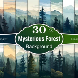 Papier peint forêt de sapins mystérieux, scène de forêt magique, paysage forestier de montagne brumeuse, art mural imprimable forêt, impression forêt de conte de fées