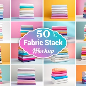 Pode incluir: 50 Mockups de pilha de tecido. Uma colagem de imagens mostrando pilhas de tecido em várias cores e padrões. Cada pilha está disposta em um fundo de cor diferente.