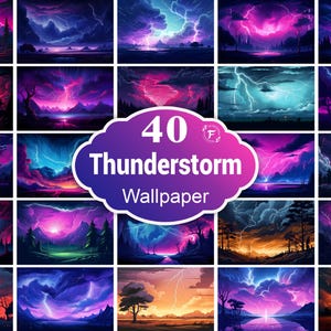 May include: A collection of 40 digital thunderstorm wallpapers. Each image features a vibrant, colorful depiction of a storm, with lightning illuminating landscapes of trees, mountains, and water. The color palette includes shades of pink, purple, blue, and orange.