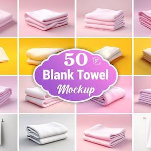 Op de afbeelding: 50 blanco handdoek mockups in verschillende poses, waaronder gevouwen, gerold en hangend. De handdoeken zijn wit en roze, en de achtergrond is een mix van roze en geel.