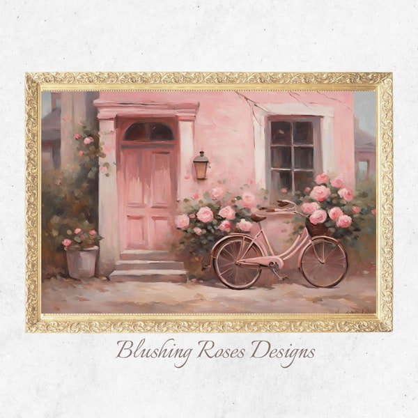 Vintage Pink House Painting, Vintage Pink Bicycle Art Painting, Old House Print, Gift for Girls, Mothers Day Gift, Digital Download