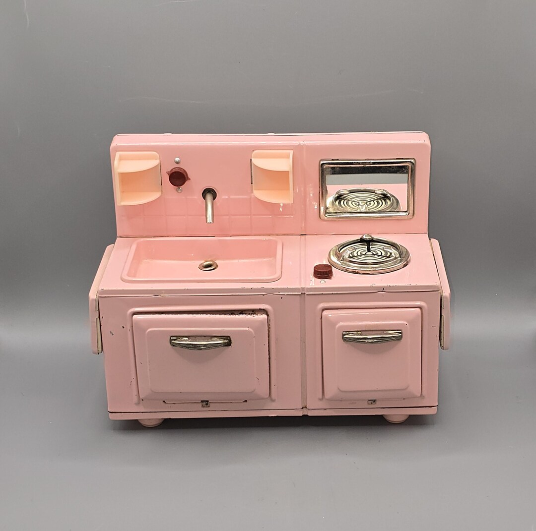 1950s Pink Tin Toy Kitchen Sink & Stove, Battery Operated Nomura