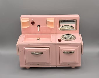 1950s Pink Tin Toy Kitchen Sink & Stove, Battery Operated Nomura