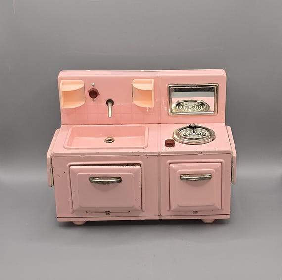 1950s Pink Tin Toy Kitchen Sink & Stove, Battery Operated Nomura