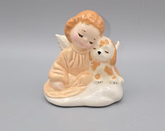 Ceramic Angel with Dog Figurine, Mid-Century Pet Memorial Gift, Hand Painted Guardian Angel Collectible.