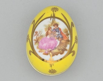 French Limoges Yellow Egg Porcelain Trinket Box – Hand Painted Gilt Rococo Courting Scene.
