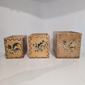 Woodpecker Woodware Nesting Kitchen Canisters - set of 3. Hand-Painted Roosters. Made in Japan.