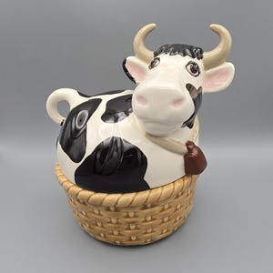 Charming Cow Butter or Cheese Keeper. Hand-Painted Ceramic Cow with Basket Base. Unique Rare Farmhouse Kitchen Decor.