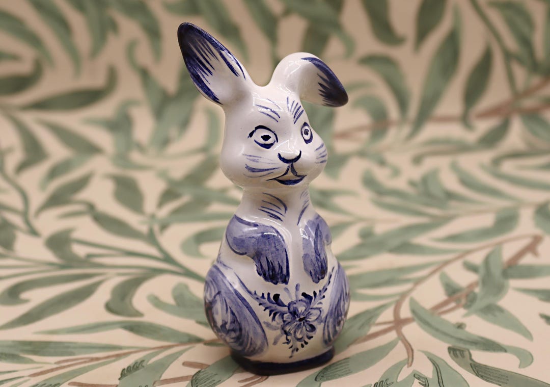 Kitsch Shiny Rabbit Vintage Rabbit Bunny Porcelain Kitsch Ornament Blue and White Standing ...