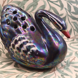 Vintage Black Large Swan Vase w Flower Frog Lustre Ware Kitsch Ornament