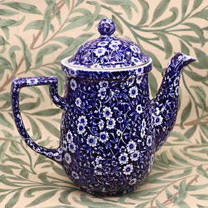 Vintage Burleigh Blue Calico Coffee Pot Staffordshire England Excellent condition Ironstone