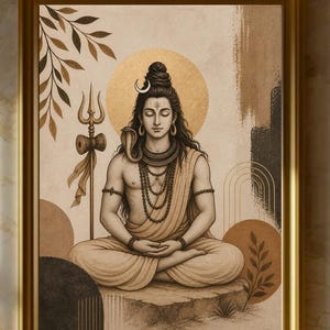 May include: A framed artwork showing a meditating figure with a golden halo, in beige, brown, and gold tones, within a gold frame. The artwork hangs above a cream sofa with decorative cushions. The image evokes a sense of peace and spirituality.