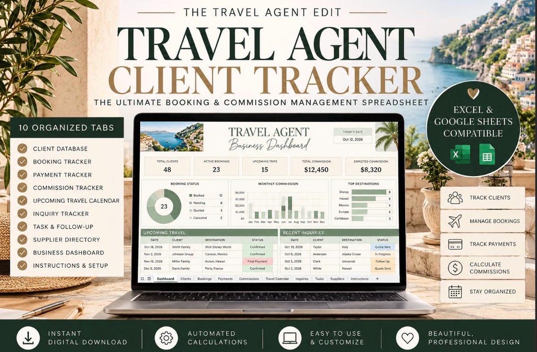 Travel Agent Client Tracker Spreadsheet | Booking & Commission Tracker ...