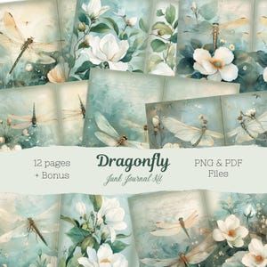 Kit de diário de libélula botânica | Páginas de diários digitais | Suprimentos para scrapbooks com inspiração vintage | Designs criativos para itens efêmeros