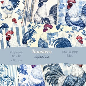 French Country Rooster Junk Journal Kit – 28 Printable Pages | 12x12 Digital Paper and Ephemera | Farmhouse Blue & White Scrapbook Pack