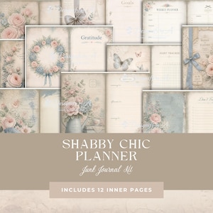 May include: A collection of twelve planner pages featuring floral illustrations, butterflies, and ribbons in muted tones. The pages include sections for gratitude, goals, habit tracking, and daily logs with text such as Maison de Fleurs and Gratitude.